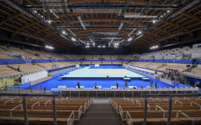 This picture shows a general view of the Ariake Gymnastics Centre, a venue for artistic, rhythmic and trampoline gymnastics events during the Tokyo 2020 Olympic Games, before a rhythmic gymnastics test event in Tokyo on May 8, 2021.
