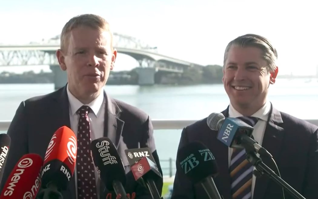 Prime Minister Chris Hipkins and Transport Minister Michael Wood speak to the media after announcing five options for a second Auckland harbour crossing and that work on it would start in 2029.