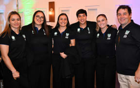 Apii Nicholls, Mya Hill-Moana, Kaiyah Atai, Laishon Albert-Jones, Michaela Brake and coach Ron Griffiths at the NZ Warriors Women, Season Launch.