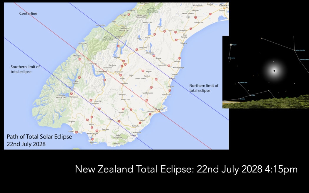 A diagram showing the expected path of New Zealand's total solar eclipse around 4.15pm on 22 July, 2028.
