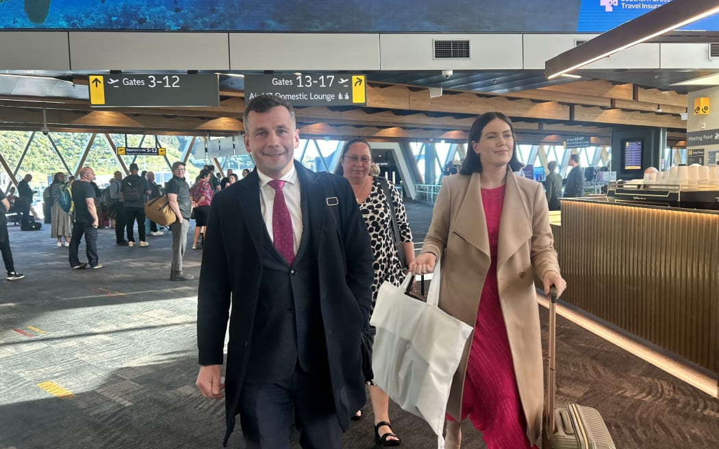 ACT party leader David Seymour and deputy Brooke van Velden arrive in Wellington tonight.