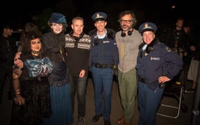 Jemaine Clement (sceond from right) on the set of Wellington Paranormal