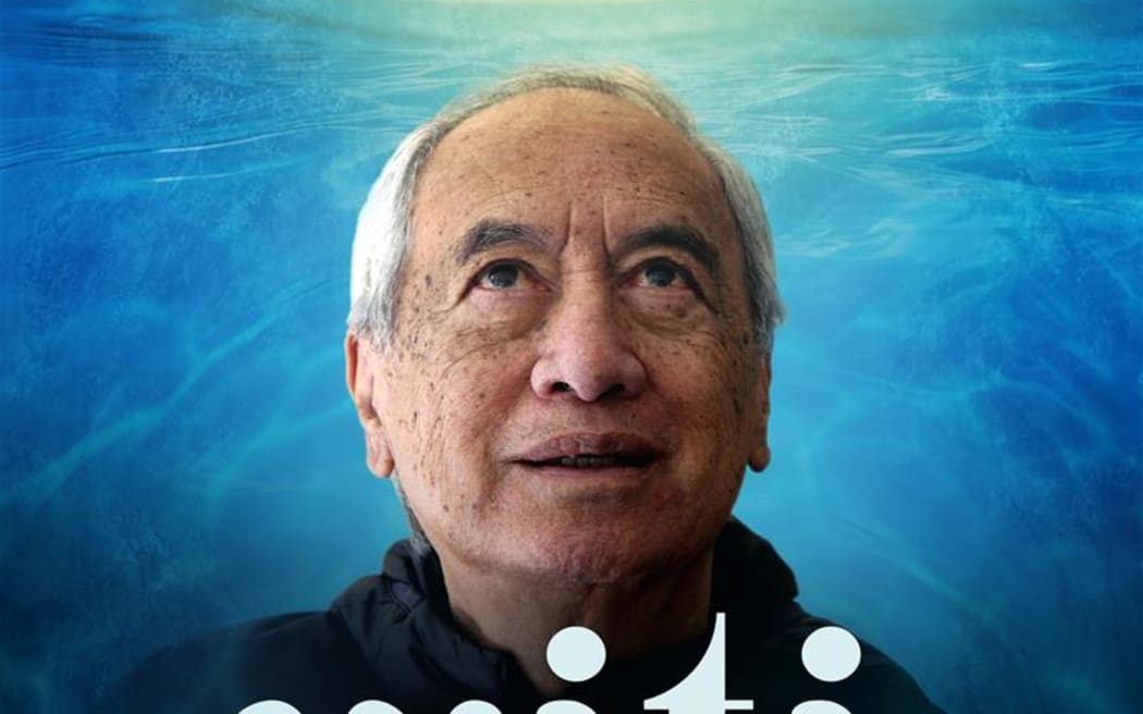 Witi Ihimaera looks up. Behind him and going over his shoulders is a graphic of water. Centered at the bottom is text that reads: "Witi Underwater."