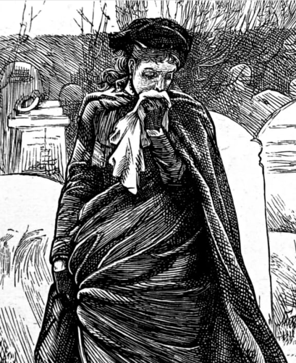 A widow mourning at a graveside. George John Pinwell (1842 – 1875).