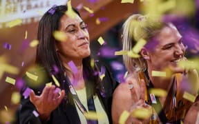 Noeline Taurua celebrates her second straight win in the Australian domestic competition with the Sunshine Lightning.