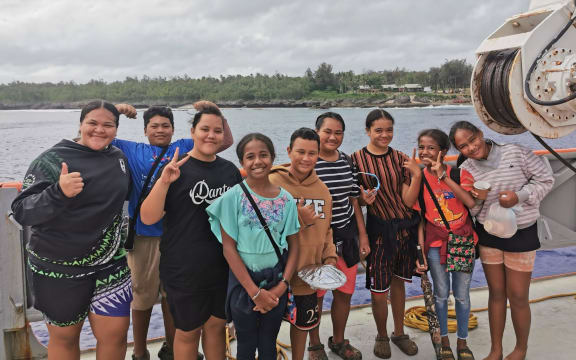 Atiu students onboard the Moana Minerals research vessel Anuanua Moana on Saturday.