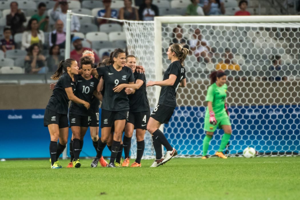 New Zealand's Amber Hearn celebrates her goal during the Rio 2016 Olympic Games first round Group G women's football match Colombia vs New Zealand at the Mineirao stadium in Belo Horizonte, Brazil on August 6, 2016.