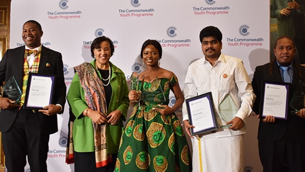 From left: Johanan Dujon, of Saint Lucia; Commonwealth Secretary-General Patricia Scotland; Oluwaseun Ayodeji Osowobi, of Nigeria; Padmanaban Gopalan, of India; and Bobby Siarani, of the Solomon Islands.