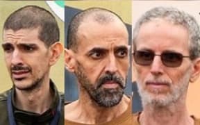 A composite of Israeli hostages (L-R) Ohad Ben Ami, Or Levy and Eli Sharabi just before they were released by Hamas fighters in Deir el-Balah, central Gaza, on 8 February 2025.