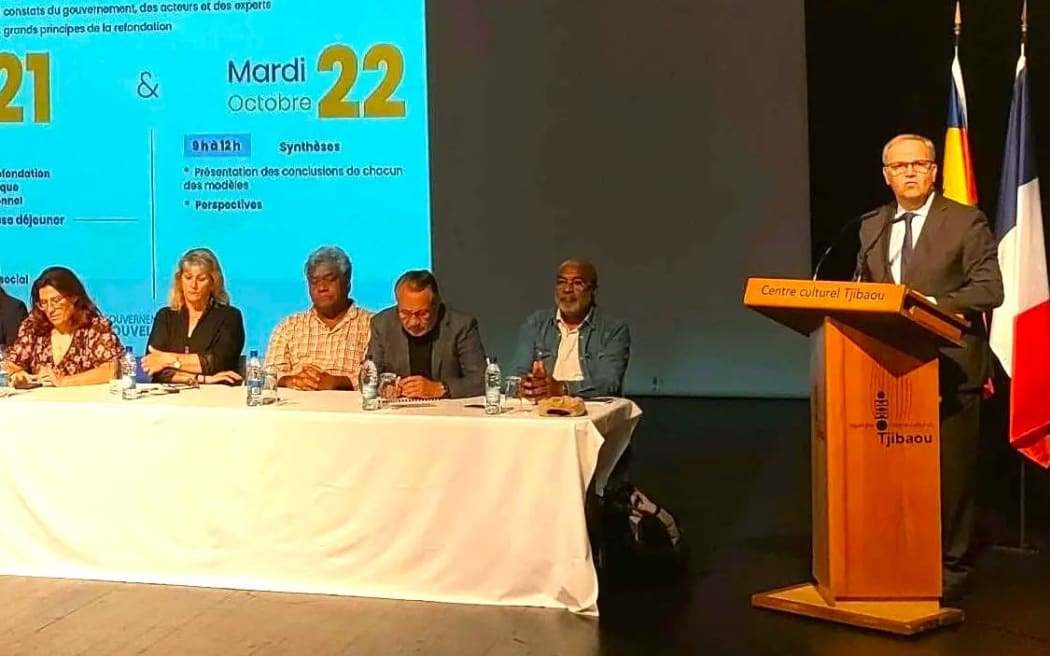French minister for overseas François-Noël Buffet addresses New Caledonia’s salvage, recovery and refoundation colloquium on 17 October 2024 at the Tjibaou Cultural Centre in Nouméa.