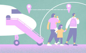 Stylised illustration of a family of four leaving a plane