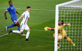 All Whites midfielder Ryan Thomas heads in to score his 2nd goal against Fiji.