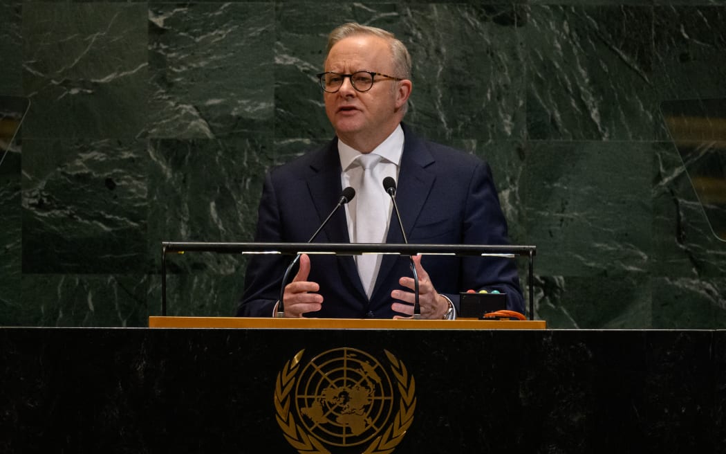 NEW YORK, NEW YORK - SEPTEMBER 24: Australian Prime Minister Anthony Albanese speaks at the 80th session of the UN’s General Assembly (UNGA) on September 24, 2025 in New York City. World leaders convened for the 80th session of UNGA, with this year’s theme for the annual global meeting being “Better together: 80 years and more for peace, development and human rights.”   Alexi J. Rosenfeld/Getty Images/AFP (Photo by Alexi J. Rosenfeld / GETTY IMAGES NORTH AMERICA / Getty Images via AFP)