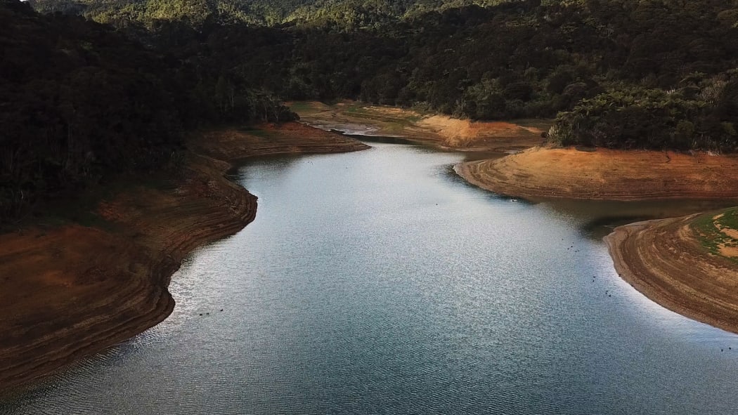Aerials and stills of the Upper Mangatangi Dam at 44% of capacity