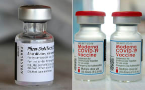 This combination of file pictures created on August 9, 2021, shows a Pfizer Covid-19 vial pictured at a Covid-19 vaccine mobile clinic in Los Angeles, California on July 9, 2021, and Moderna vials on a table in Bridgeport, Connecticut on April 20, 2021.