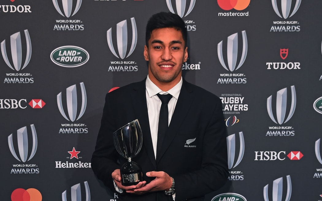 Rieko Ioane of New Zealand poses with the World Rugby Breakthrough Player of the Year Award 2017