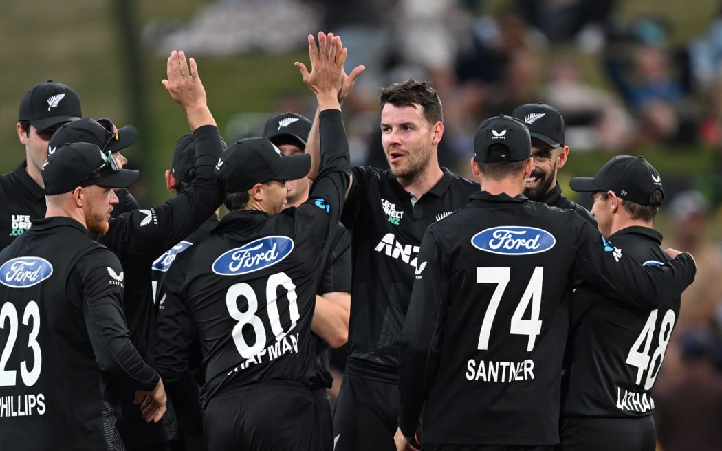 Black Caps bowler Jacob Duffy celebrates with team mates after dismissing Sri Lanka batter Kusal Mendis during the recent one day series between the two sides.