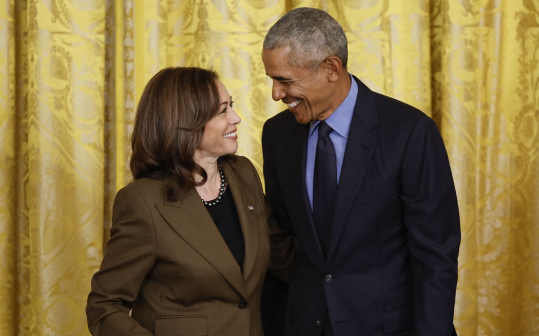 WASHINGTON, DC - APRIL 5: (L-R) Vice President Kamala Harris and Former President Barack Obama attend an event to mark the 2010 passage of the Affordable Care Act in the East Room of the White House on April 5, 2022 in Washington, DC. With then-Vice President Joe Biden by his side, Obama signed 'Obamacare' into law on March 23, 2010.   Chip Somodevilla/Getty Images/AFP (Photo by CHIP SOMODEVILLA / GETTY IMAGES NORTH AMERICA / Getty Images via AFP)