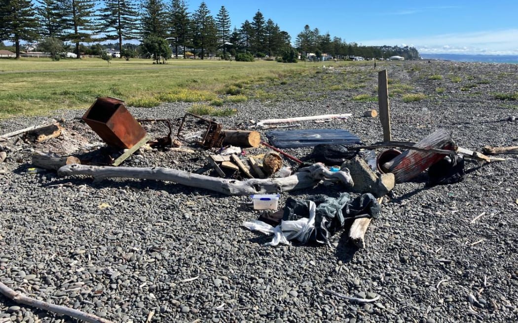 Remains of a homeless man's campsite on Marine Parade, Napier.