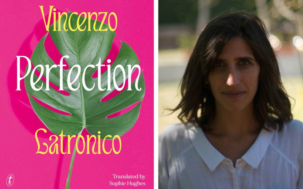 A composite image showing the cover of "Perfection" on the left, and a photo of Sophie Hughes on the right. The cover of "Perfection" is bright pink, with a shiny monstera leaf. Sophie looks at the camera levelly, standing outside under the shade of a tree and wearing a white blouse.
