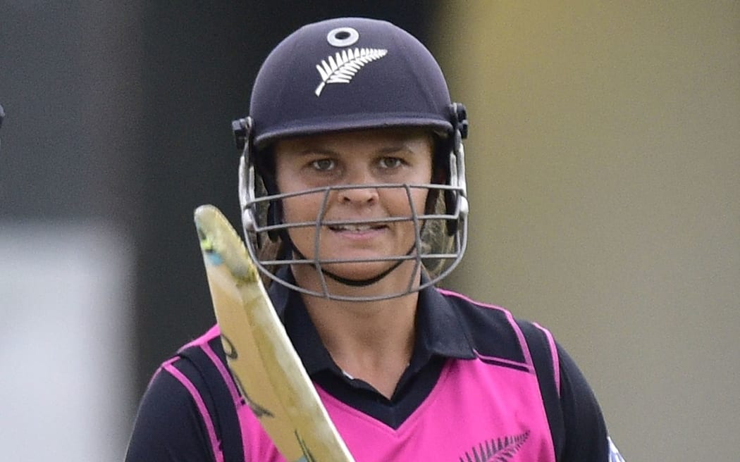 Suzie Bates celebrates 50 runs during the T20 International vs Australia in Wellington.