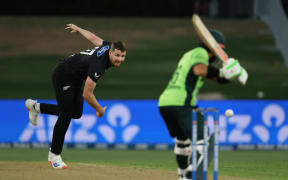 Black Caps Jacob Duffy bowls during the 3rd ODI cricket match between the Blackcaps and Pakistan at Bay Oval.
