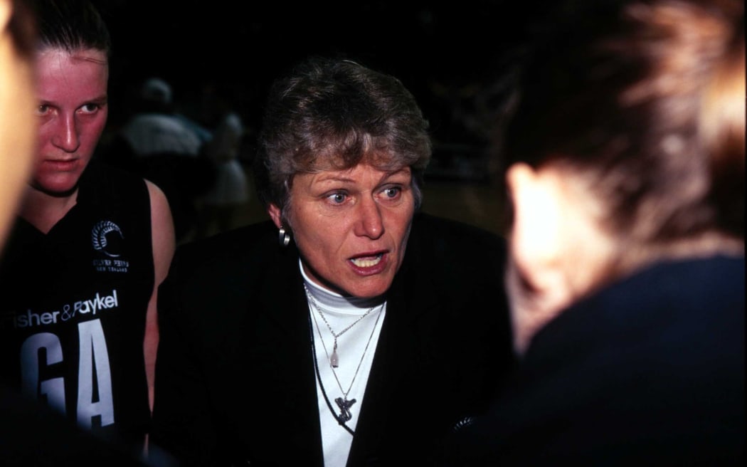 Yvonne Willering talks to her team during a Silver Ferns v Australia game in 1997.