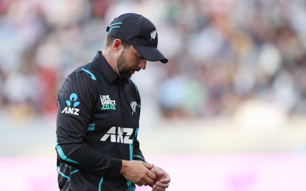 New Zealand’s Devon Conway leaves the field after picking up an injury during the second Twenty20 international cricket match between New Zealand and Australia at Eden Park in Auckland on February 23, 2024. (Photo by MICHAEL BRADLEY / AFP)