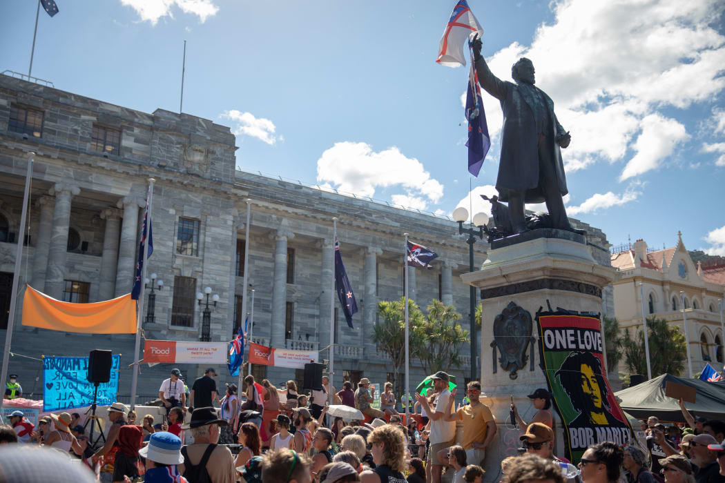 Anti-vaccine, anti-mandate protest in Wellington on Parliament grounds on ninth day - 16 February 2022.