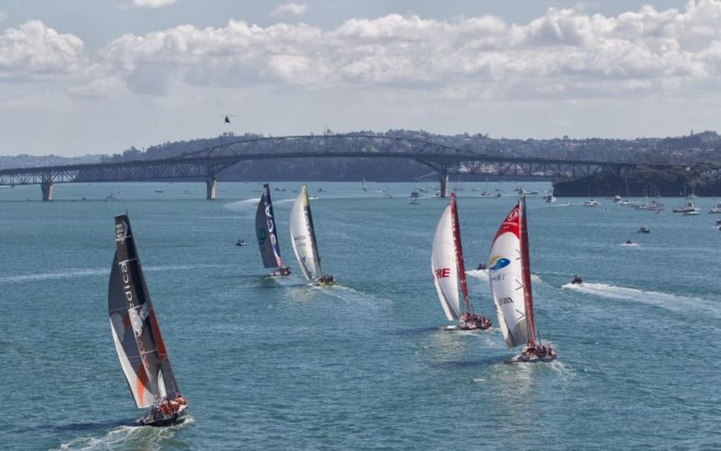 The 2015 Volvo Ocean fleet racing in Auckland