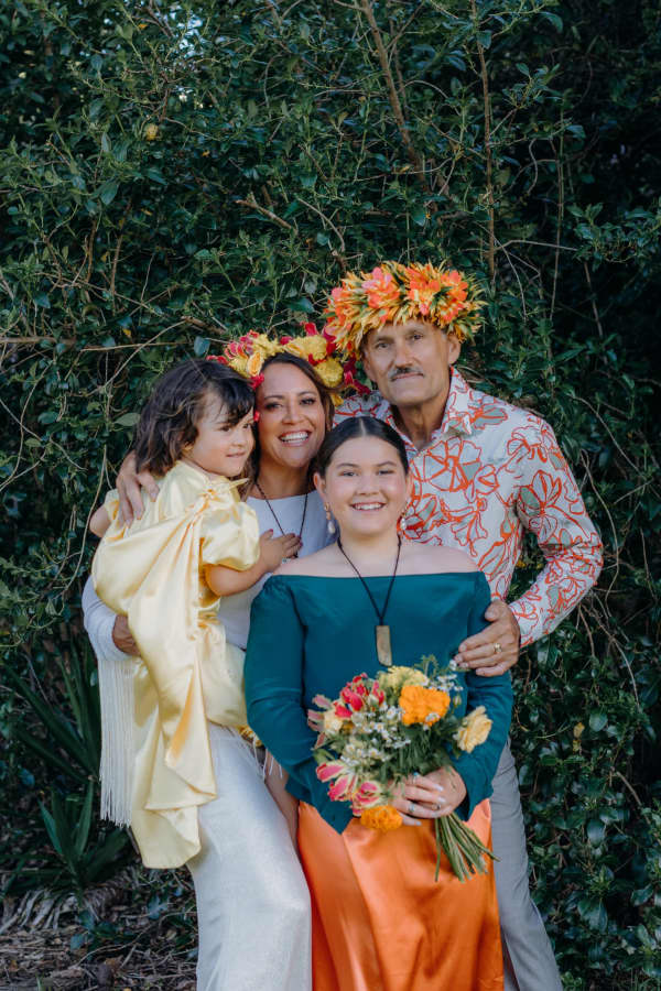 Actor Miriama McDowell pictured with husband Rau Hoskins and daughters, Hero (left) and Talanoa.