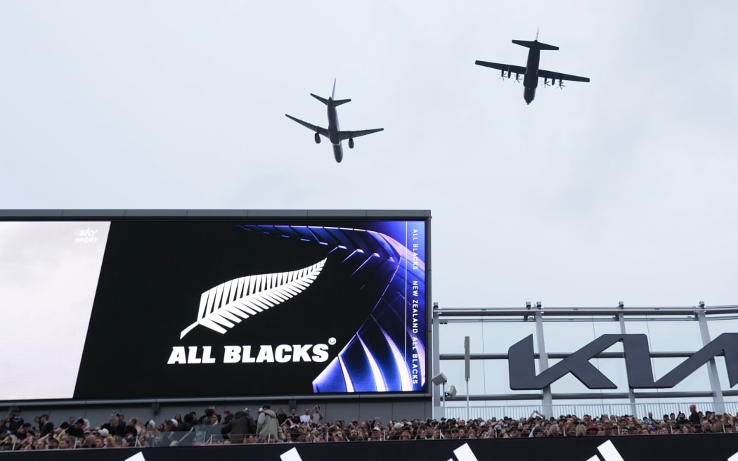 Airforce fly over during the New Zealand All Blacks v Australia Wallabies Rugby Championship and  Bledisloe Cup match at Eden Park, Auckland. 27 September 2025.