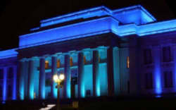 Auckland Museum lit up blue and white on Sunday night in support of Irael, sparking a protest by Palestine supporters and calls for an apology.