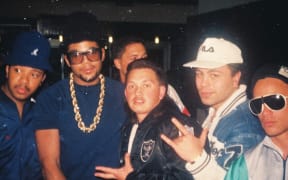 Run-D.M.C. with Upper Hutt Posse (L-to-R: DJ Run, D.M.C, DLT, Rhys B, Tee Pee, D Word)