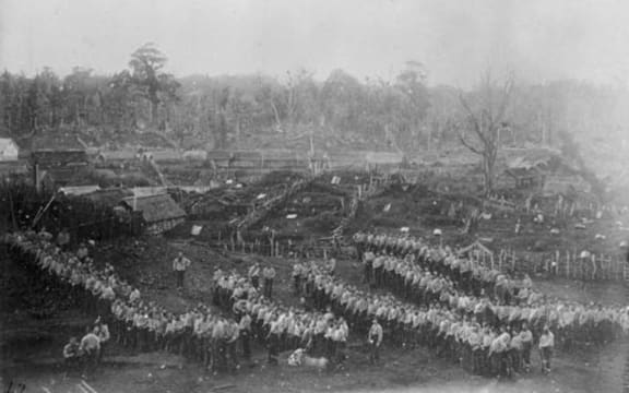 Armed constabulary prepare to advance on Parihaka pā, in Taranaki, in 1881.