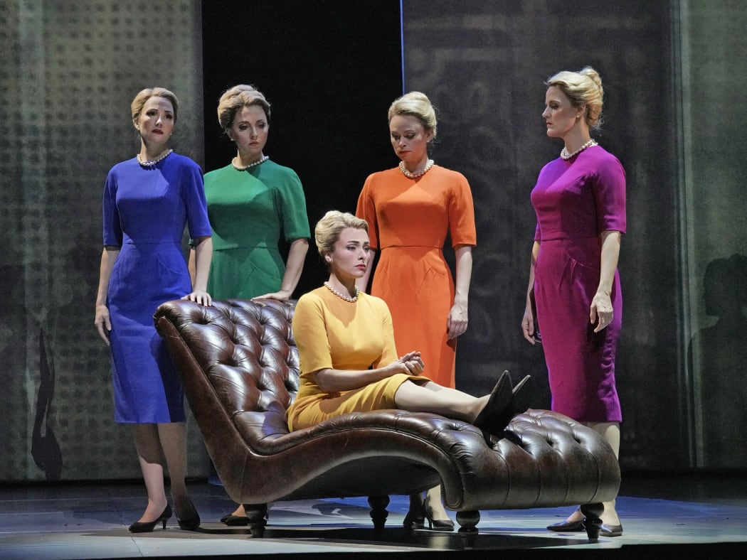 Isabel Leonard (seated) in the title role of Nico Muhly's "Marnie" with (l. to r.) Dísella Lárusdóttir, Peabody Southwell, Deanna Breiwick, and Rebecca Ringle Kamarei as the Shadow Marnies.