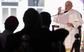 Pope Francis speaks during an interreligious meeting with religious leaders at the Istiqlal Mosque in Jakarta on September 5, 2024. (Photo by Ajeng Dinar Ulfiana / POOL / AFP)