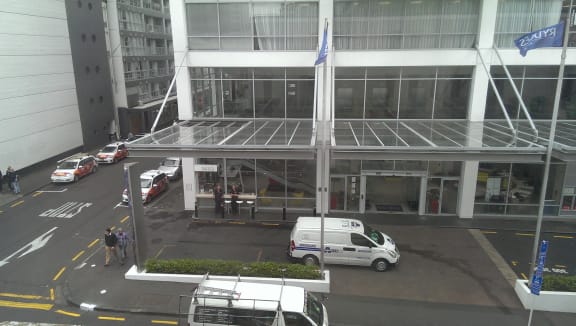 Glass was blown over the forecourt of the Rydges Hotel.