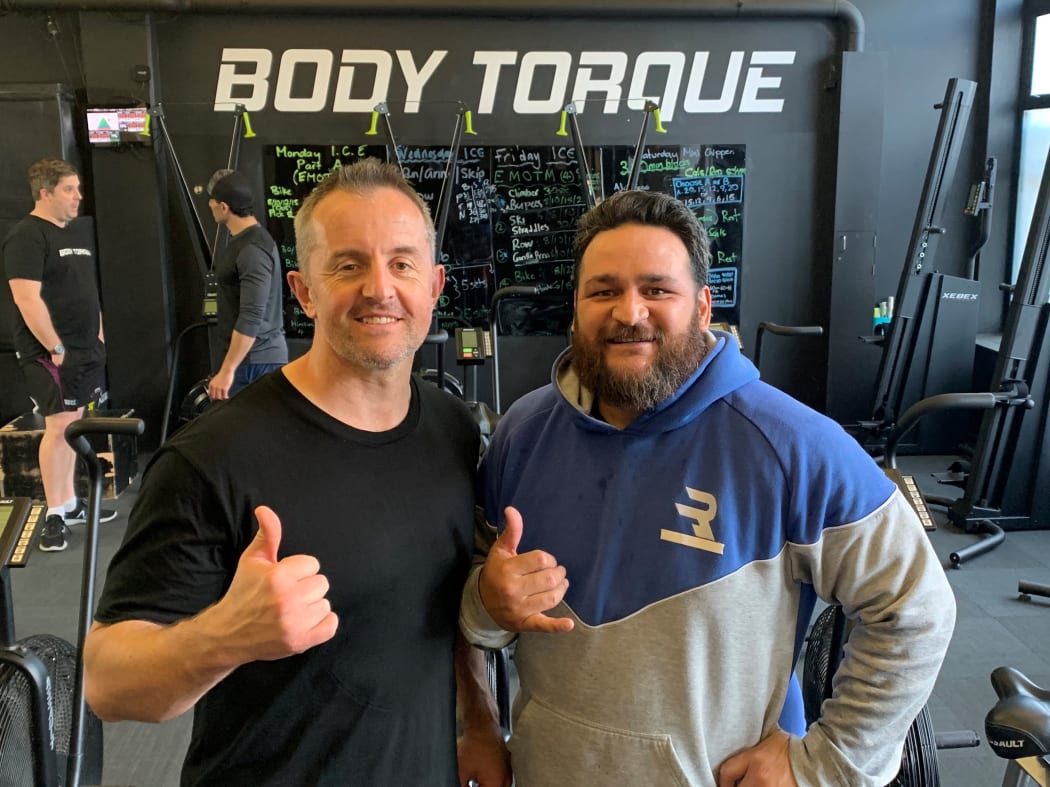 Trainer Alex Flint and former All Black Piri Weepu on the set of Match Fit.