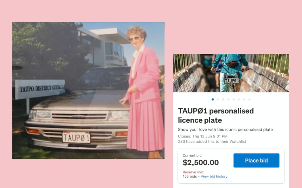 A composite image showing an old photo of former Taupo mayor Joan Williamson next to her car with the "TAUP0 1" number plate, parked by the "TAUPO DISTRICT COUNCIL" sign. It also shows a TradeMe listing for the number plate, with the current bid at $2,500.00.