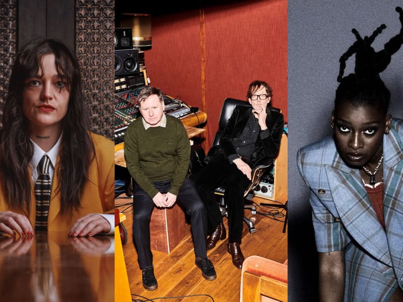 A composite image of Jazmine Mary - a long-haired woman in an orange jacket, two members of the band Pulp on chairs and Little Simz in a blue suit.
