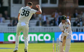 Australia's Josh Hazlewood celebrates taking the wicket of South Africa's Tristan Stubbs. ICC World Test Championship cricket final, Lord's, 2025.