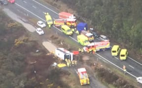 Aerial view of the bus that rolled off State Highway 5 in Ngātira near Rotorua