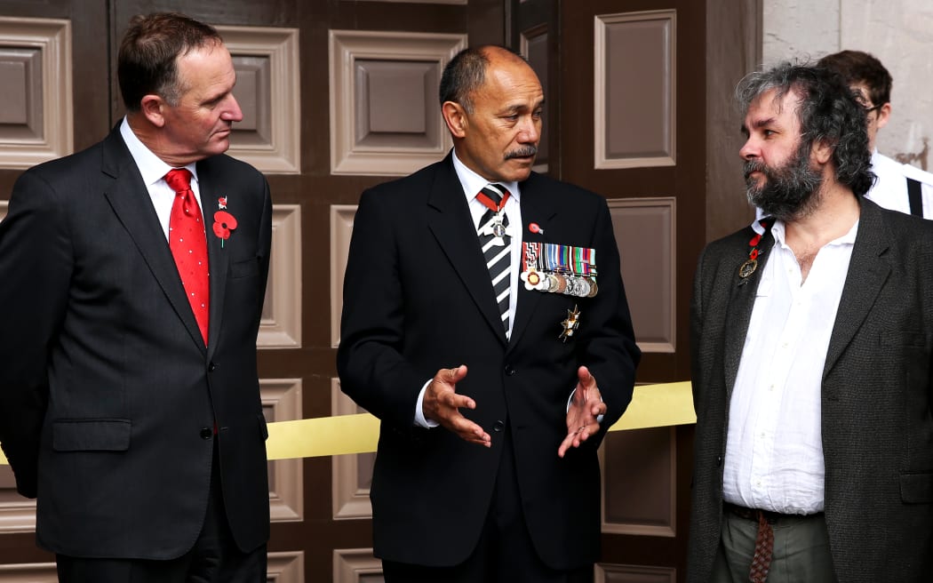 Prime Minister John Key (left), Governor-General of New Zealand Sir Jerry Mateparae and Sir Peter Jackson standing in front of the National Art Gallery and Dominion Museum before offically opening the Great War exhibition.