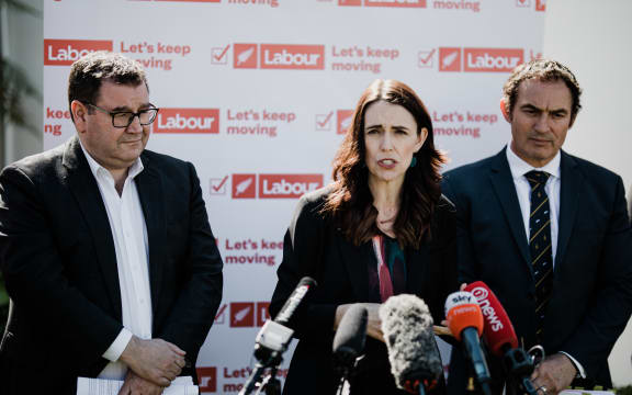 Labour Party leader Jacinda Ardern with finance spokesperson Grant Roberston and small business spokesperson Stuart Nash.