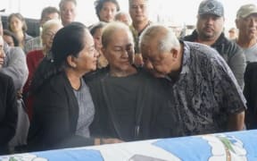 First lady Wella Palacios and family members accompanied the governor’s body, which received a ceremonial water salute on arrival at Francisco C Ada/Saipan International Airport.