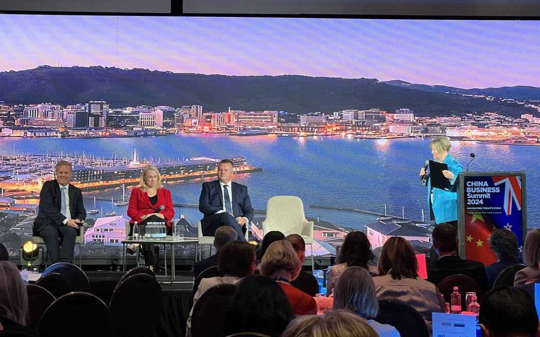 Trade minister Todd McClay, Air New Zealand chair Therese Walsh and Fonterra's chief executive Miles Hurrell, and moderator Fran O'Sullivan at the "China Plus" panel at the China Business Summit 2024.