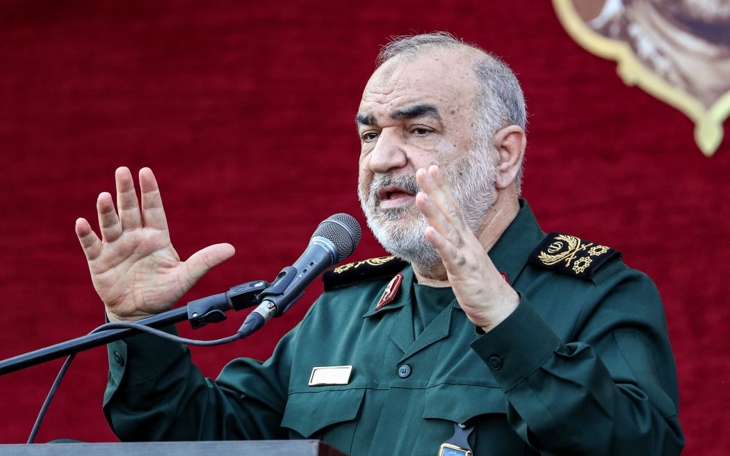 Hossein Salami, head of Iran's Islamic Revolutionary Guard Corps (IRGC), speaks during a funeral ceremony in the capital Tehran on 4 August, 2022, held for five soldiers killed during the conflict against the Islamic State (IS) group in Syria.