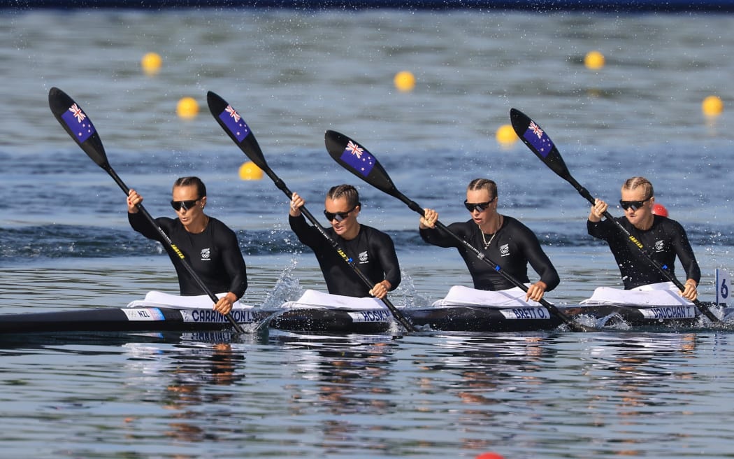 New Zealand women's K4 of  Olivia Brett, Lisa Carrington, Alicia Hoskin and Tara Vaughan competing at the Paris Olympics.