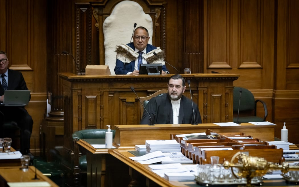 The Clerk of the House David Wilson and the Speaker Adrian Rurawhe keep an eye on the MPs during Question Time.